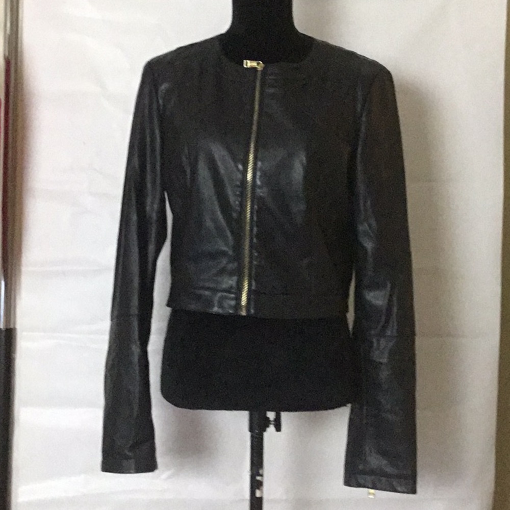 Guess Black Soft Leather Jacket Crop ZipUp Front